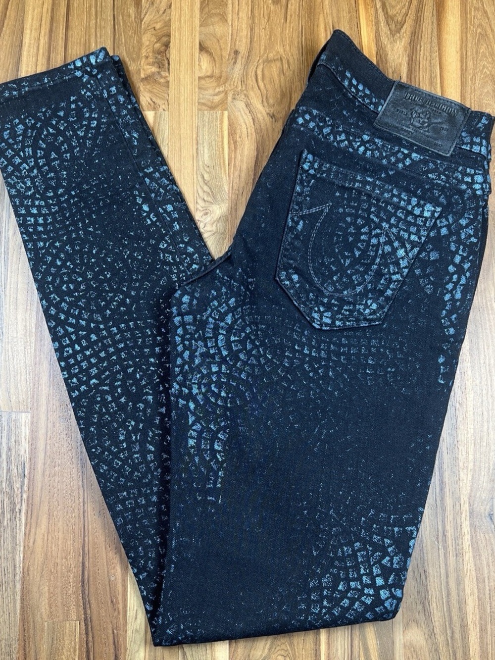 True Religion Black Jeans with Blue Mosaic Print